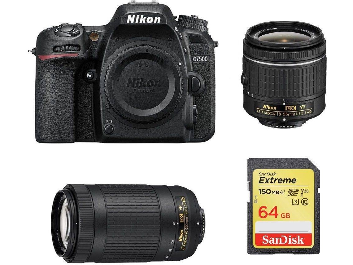 Kit Cámara Réflex NIKON D7500 AF-P 18-55MM F3.5-5.6G VR + AF-P 70-300MM F4.5-6.3 ED VR DX (20062) + Tarjeta SD de 64GB