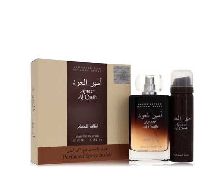 Eau De Parfum Hombre Ameer Al Oudh by Lattafa Gift Set -- 3.4 oz Spray + 1.7 oz Perfumed Spray (100 ml)