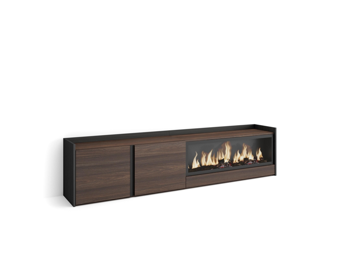 Mueble para TV, 212x35x50cm, para televisores de hasta 80'', chimenea eléctrica XXL, roble oscuro y negro.