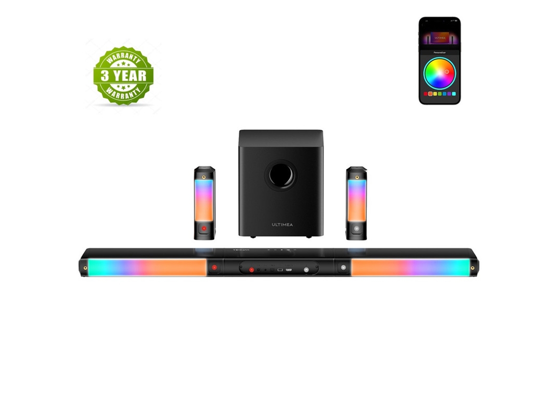 Barra de sonido 7.1 Ultimea Apollo S70 Ultra, subwoofer desmontable de 410 W, iluminación dinámica, control por aplicación y 10 ecualizadores para cine
