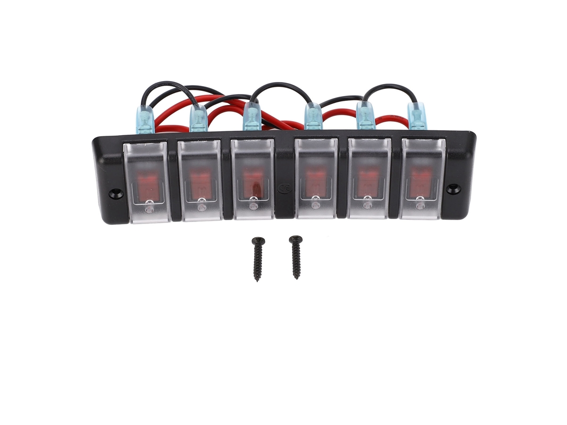 Panel de interruptores precableado de 6 vías con LED rojo y protección contra sobrecarga, 12 V CC, 16 A