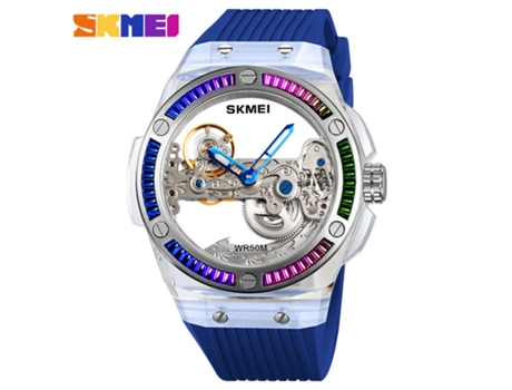 Reloj esqueleto para hombre Reloj mecánico automático con correa de sílice resistente al agua -azul LUUCOZK