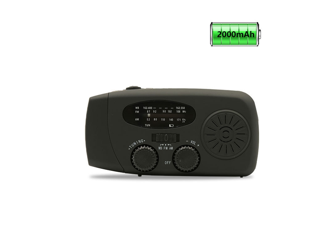 Radio solar de emergencia con linterna LED, radio meteorológica AM/FM y batería integrada.