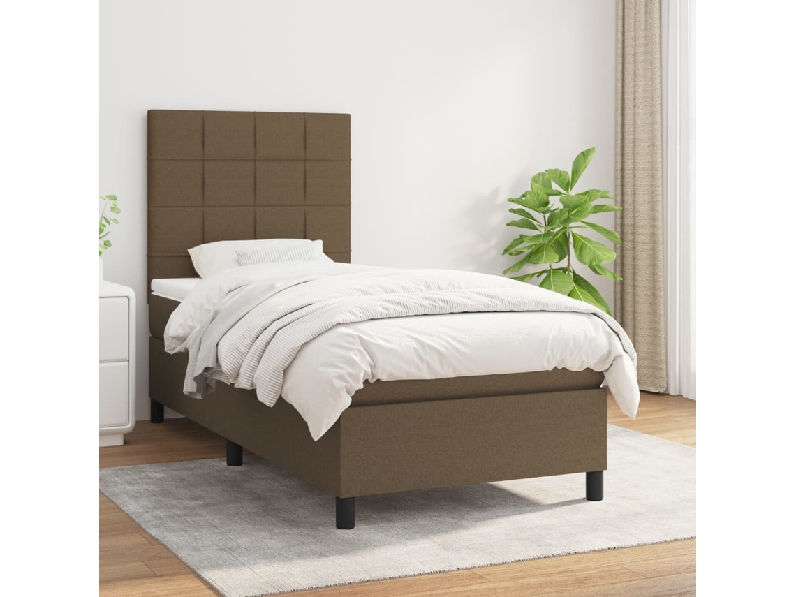 Cama Box Spring Con Colchón Tela Marrón Oscuro 90x190 Cm
