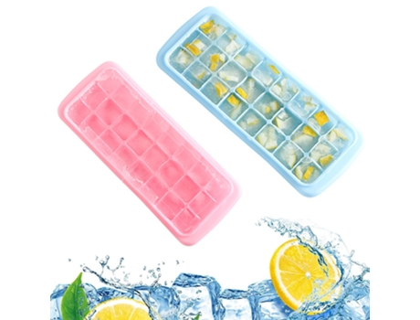 2 bandejas para cubitos de hielo, moldes para cubitos de hielo con tapa, bandejas de hielo apilables, azul y rosa.