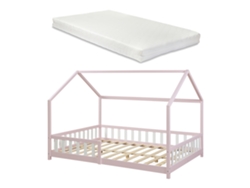 Cama infantil Hesel en forma de casa con reja y colchón 140x200cm - Rosa [EN.CASA]