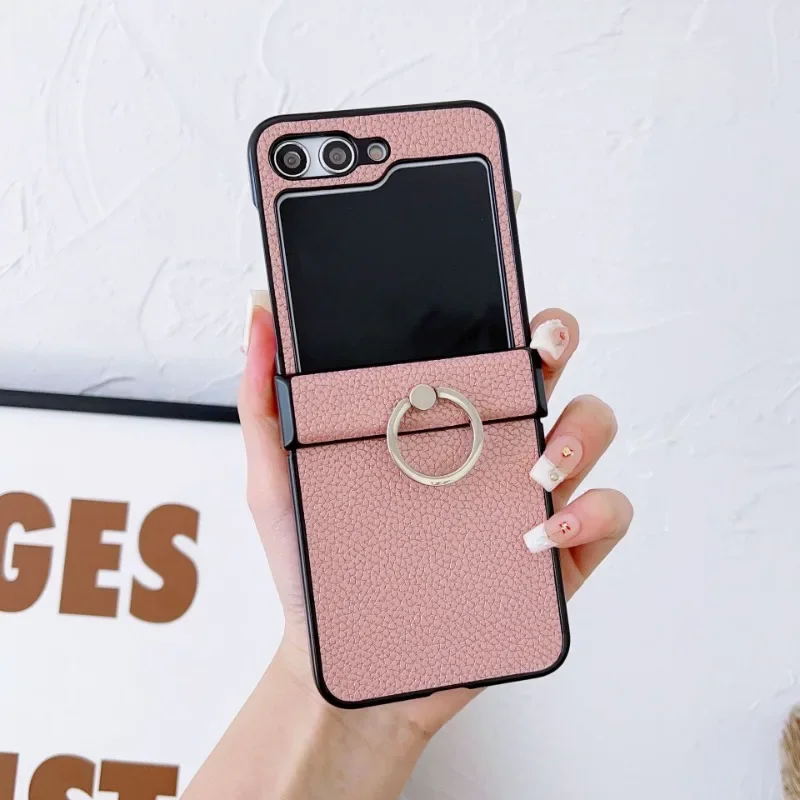 (rosa, Galaxy Z Flip4) Funda Plegable De Cuero Con Textura De Lichi, Resistente A Caídas, Con Soporte De Anillo De 360°.