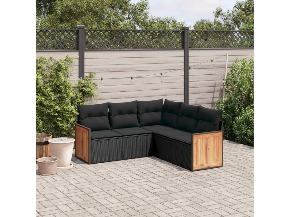 Conjunto de sofá de jardín de 5 piezas con cojines de mimbre sintético negro, Dkd Home Decor