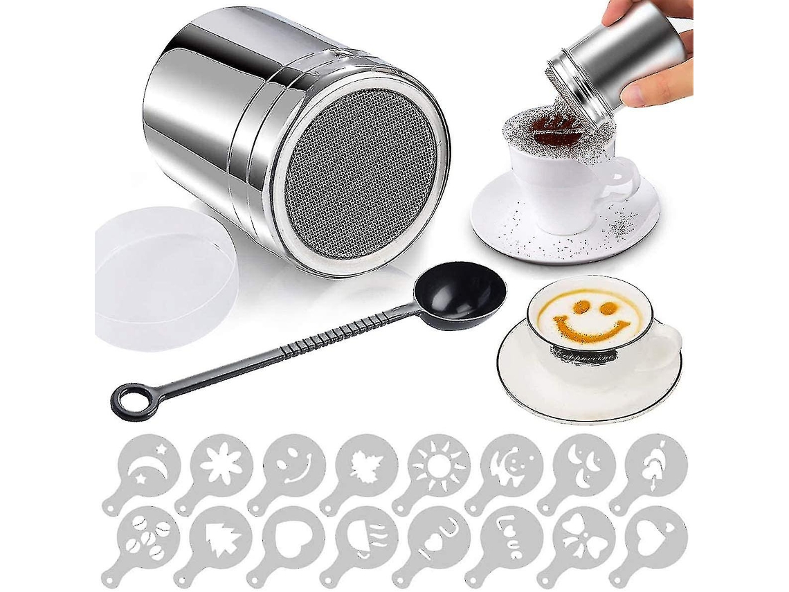 Agitador De Cacao De Acero Inoxidable 304 Con Tapa Y 16 Plantillas Para Cappuccino, Azúcar Glas Y Especias
