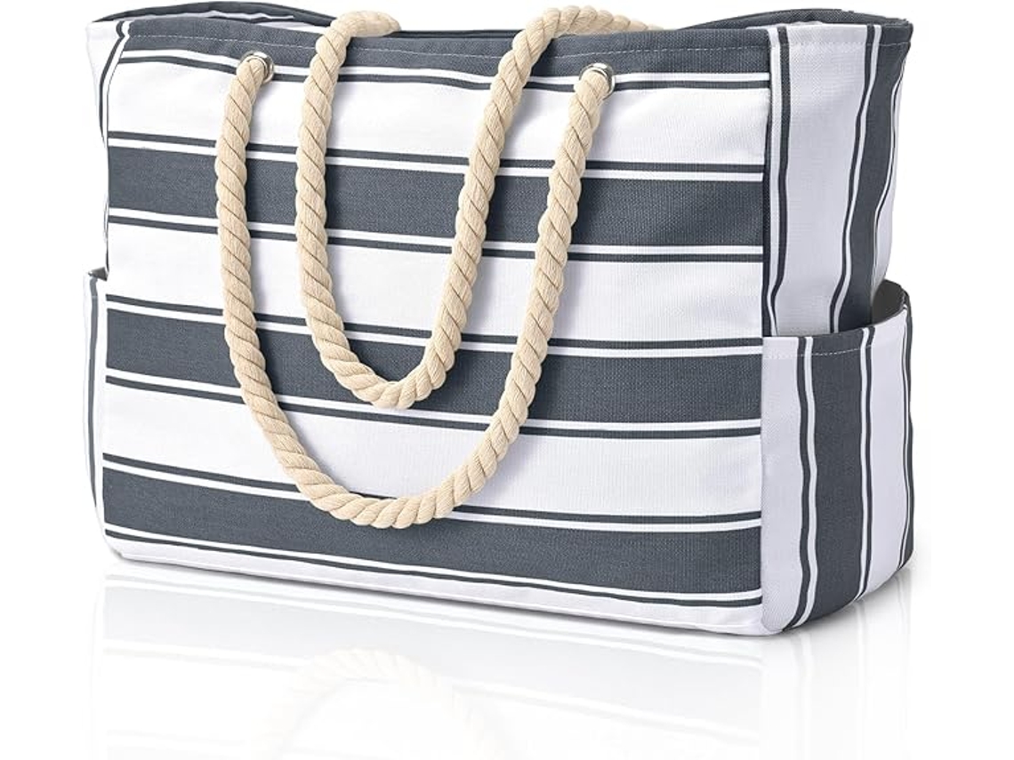 Bolsa de playa grande impermeable de rayas grises y blancas, modelo Tommy01.