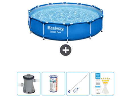 Piscina BESTWAY Round Steel Pro - 366 x 76 cm - Azul - Bomba incluida Filtrar - kit de limpieza - Tiras de prueba