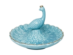 Soporte de cerámica para anillos 2026, organizador de joyas con estampado de pavo real azul.