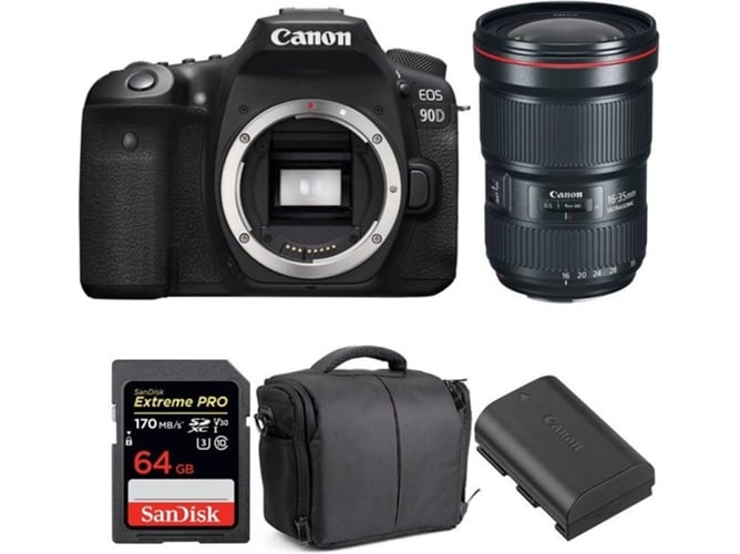 Kit Cámara CANON EOS 90D + EF 16-35mm f/2.8L III USM + SanDisk 64 GB + Batería + Bolsa (APS-C)