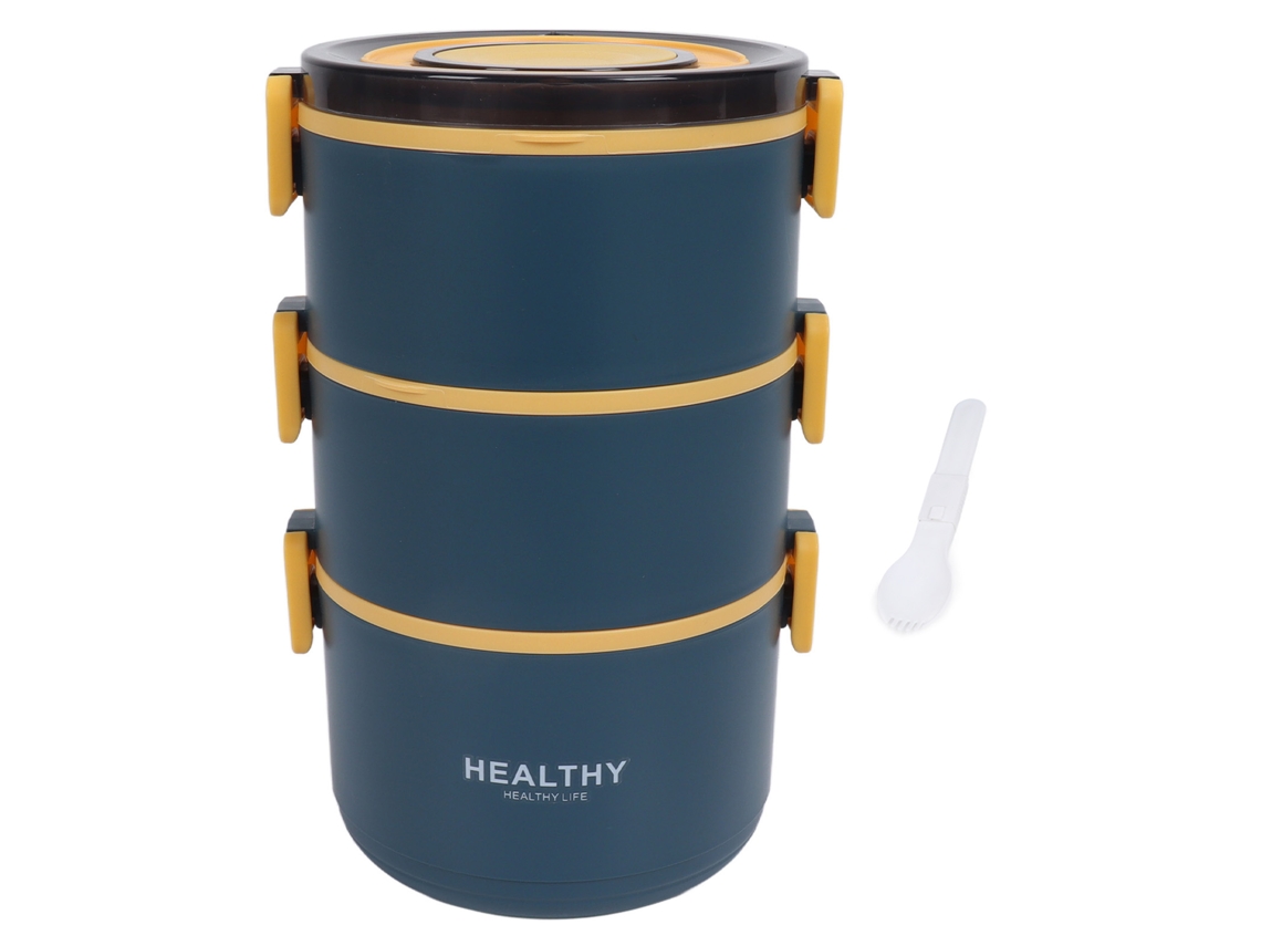 Fiambrera Redonda Bento De 2200 Ml Con Tres Compartimentos Extraíbles, Portátil, Azul.