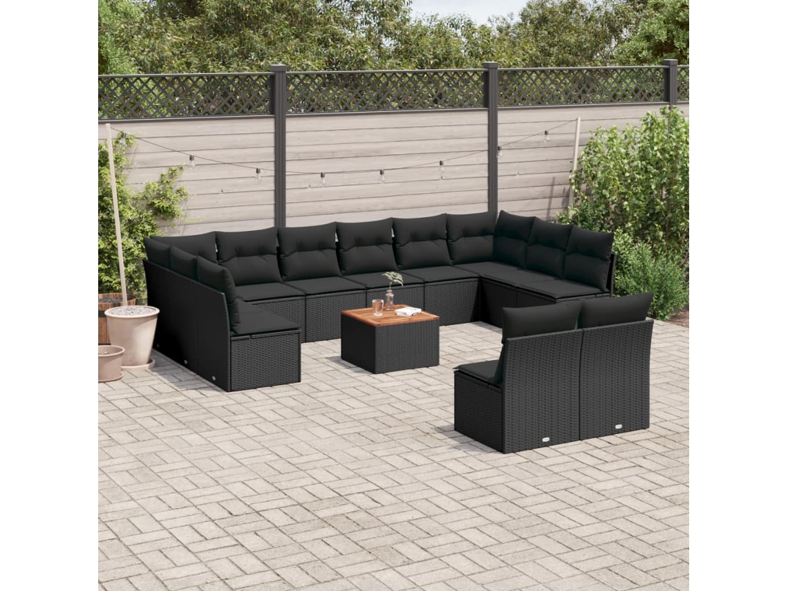 Conjunto de sofá de jardín de 13 piezas con cojines de mimbre sintético negro, Dkd Home Decor