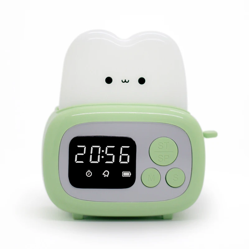 (verde) 1 Nuevo despertador tostador LED con luz nocturna de dibujos animados creativos y función de temporizador.