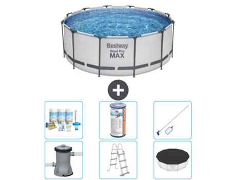 Piscina BESTWAY Round Steel Pro MAX - 366 x 122 cm - Gris - Incluida bomba - Escalera - Cobertor Paquete de mantenimiento - Filtrar - kit de limpieza