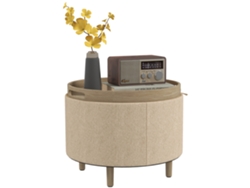 Otomana redonda con espacio de almacenamiento, tapa reversible, 3 en 1, patas de madera beige.