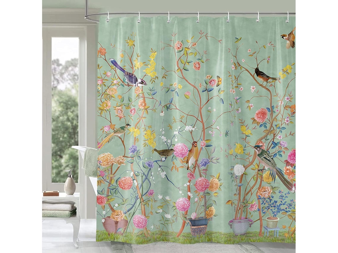 Cortina de ducha verde impermeable y resistente al moho con diseño de pájaros y flores