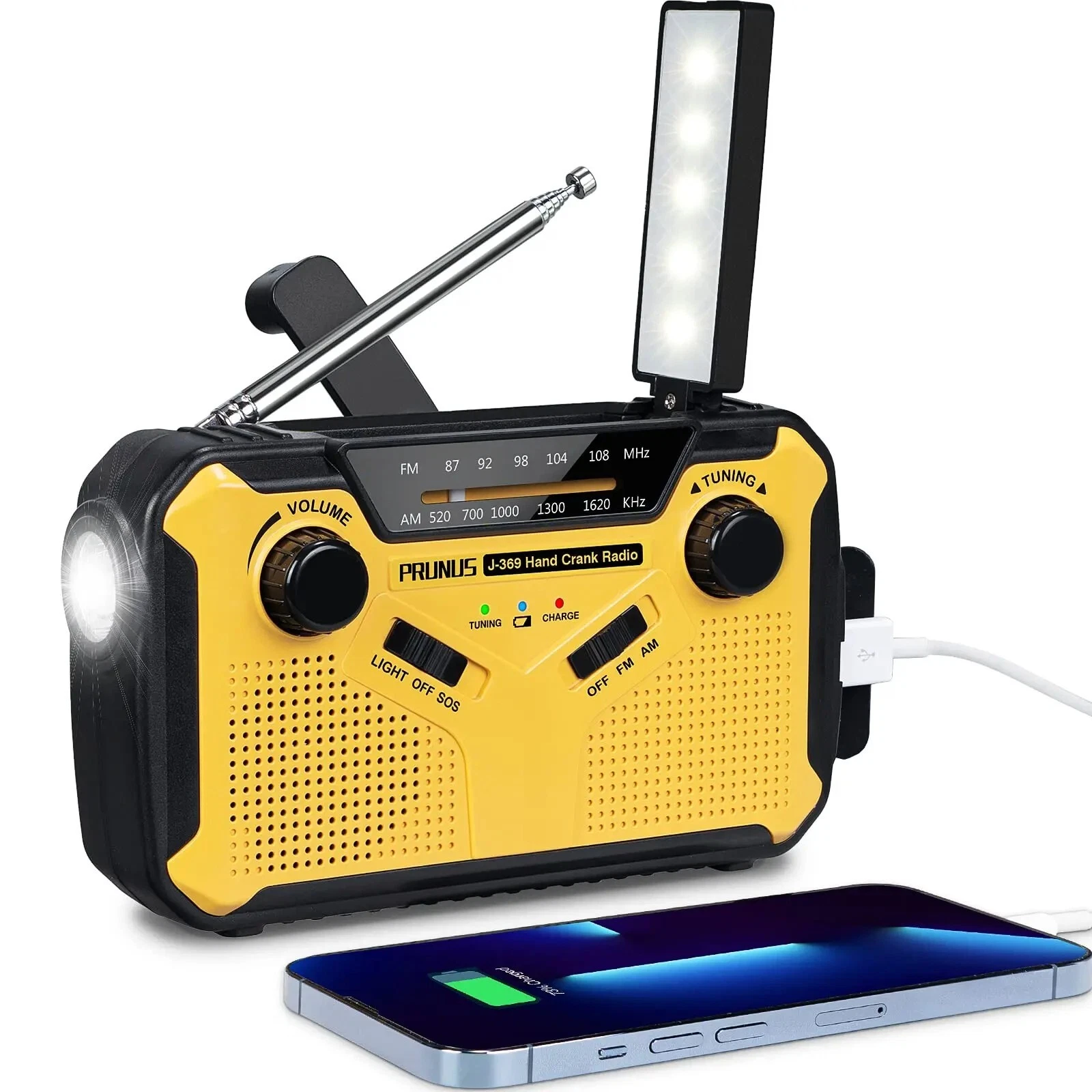 Radio portátil de emergencia AM/FM con manivela, USB, linterna y luz de lectura - SUNNY SPACES