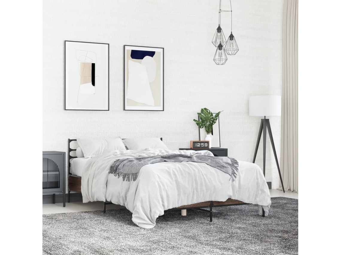 Estructura Cama Madera Ingeniería Metal Marrón Roble 140x190 Cm