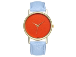 Reloj De Pulsera De Cuarzo Informal Para Mujer, Sencillo Y Elegante, Con Esfera Naranja Y Correa De Piel Sintética Azul Claro.
