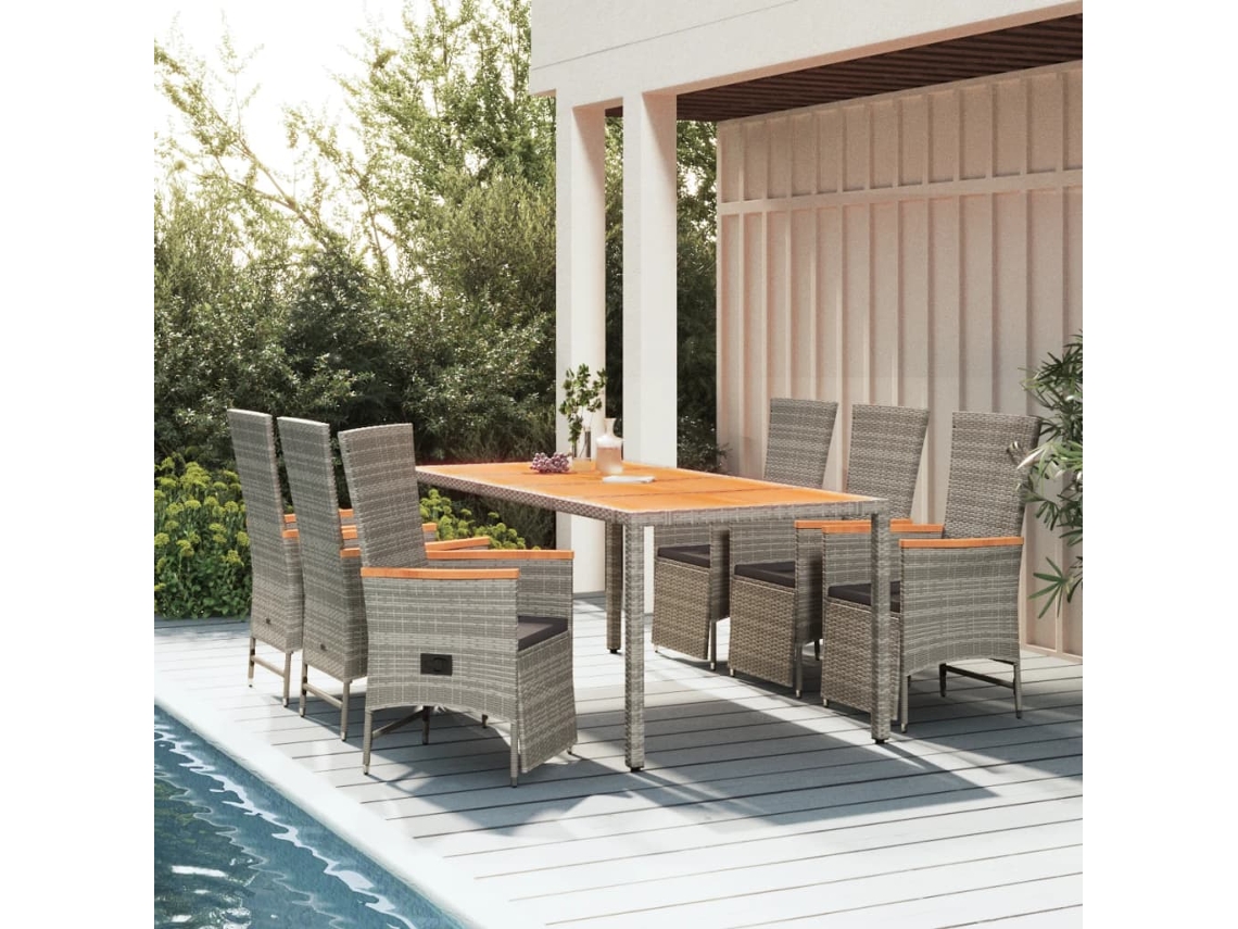 Juego de comedor de jardín de 7 piezas con cojines, mimbre gris, DKD Home Decor
