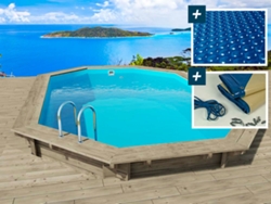 Piscina de madera " Florida " - 6,57 x 4,57 x 1,31 m + cubierta de burbujas 180 µ + cubierta de invierno 280 gr/m². HABITAT ET JARDIN