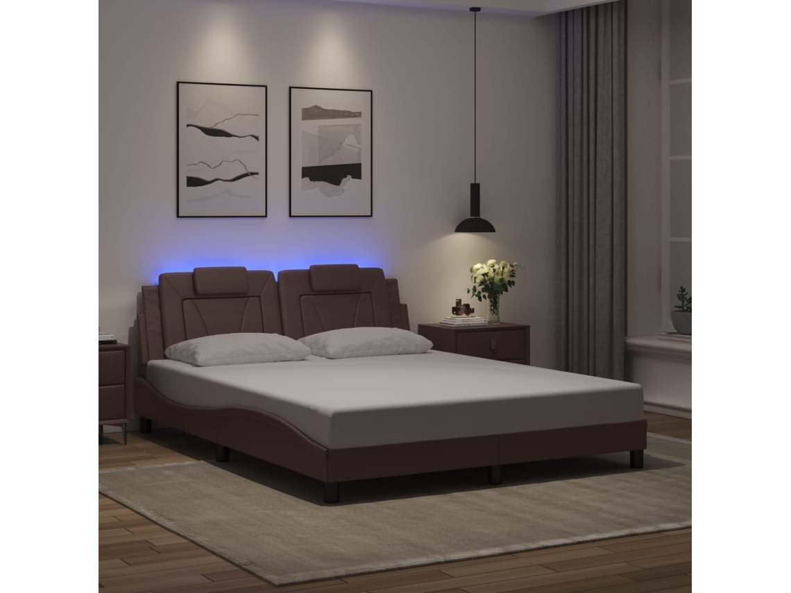 Estructura De Cama Con Luces Led Cuero Pe Marrón 160x200 Cm