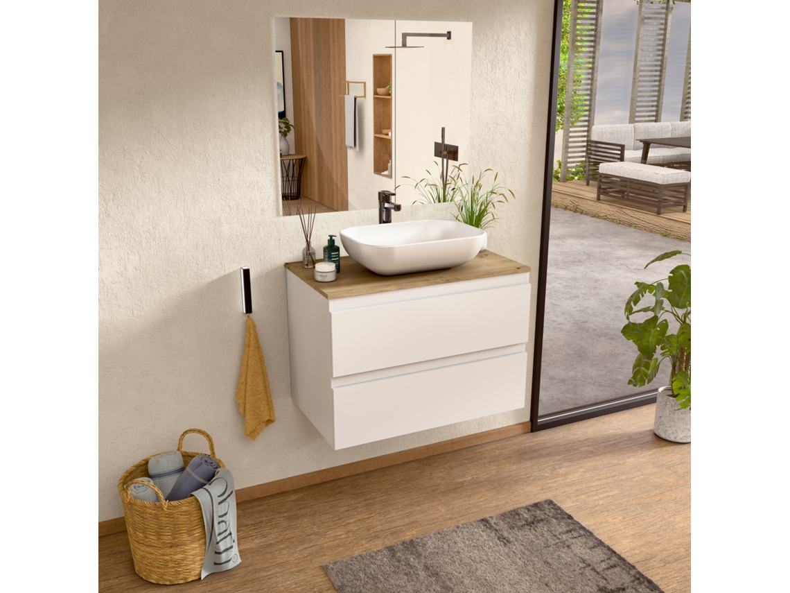 Mueble de lavabo con lavabo de cerámica y espejo, mueble de lavabo con 2 cajones, 60 x 55 x 46 cm, mueble blanco y encimera de roble Bellobath.