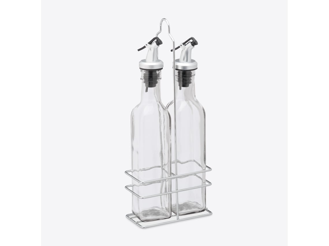 Relaxdays Dispensador De Azeite E Vinagre, 2 Em 1 Para Cozinha, Garrafas Com Suporte, Vidro, 2 X 250 Ml, Transparente
