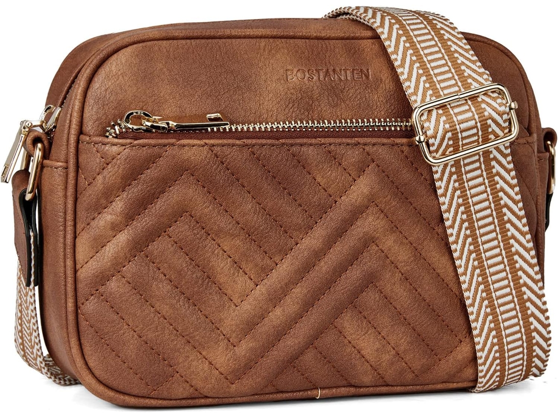 Bolso bandolera para mujer, correa ancha, múltiples bolsillos, cierre de cremallera, marrón