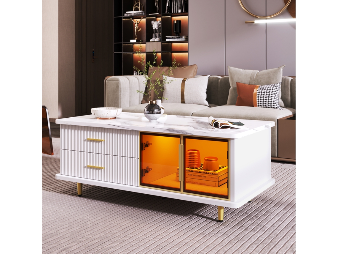 Mesa de centro con puerta de cristal templado y tapa con textura de mármol QINGYU TECH