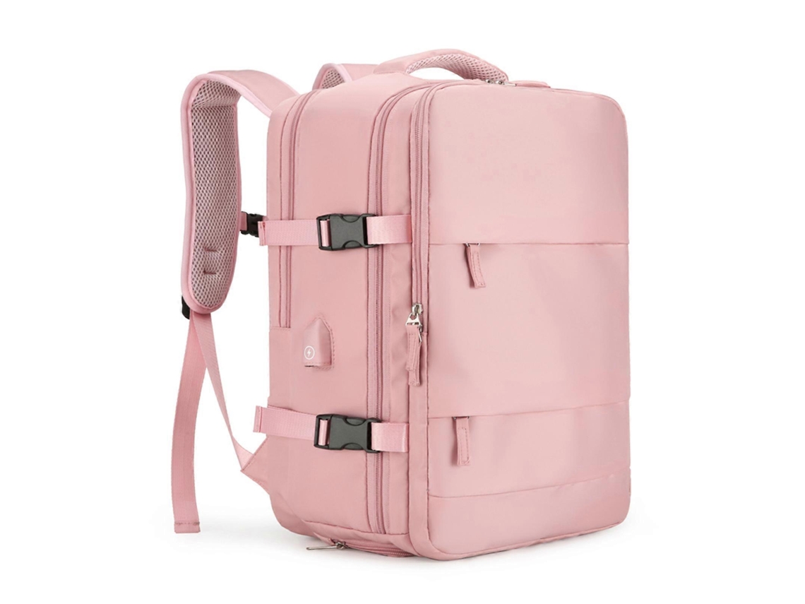 Mochila de viaje grande para adolescentes y adultos, con puerto de carga, color rosa.