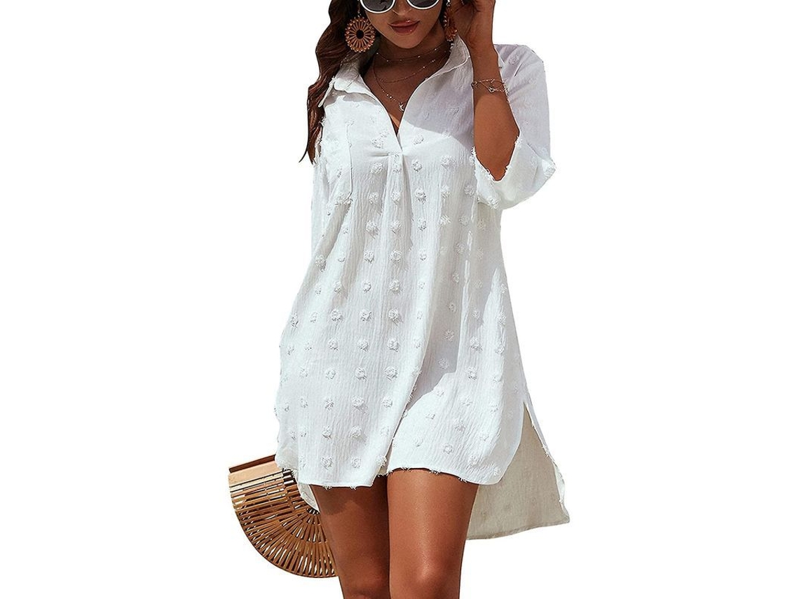 2026-camisa De Bikini Para Mujer Con Chiffon Blanco, Cubierta De Baño Ligera Con Manga 3/4 Y Bolsillo Frontal