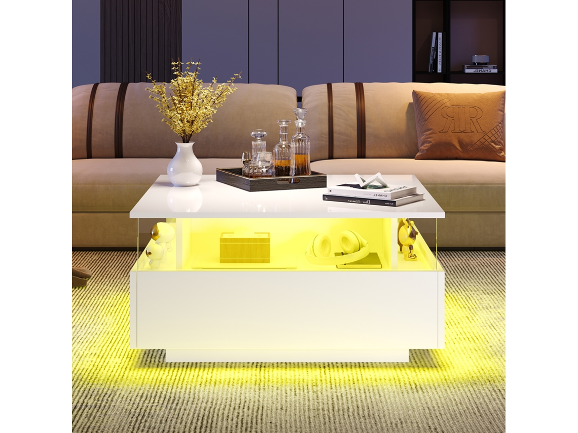 Mesa de centro con iluminación LED y 2 cajones QINGYU TECH (70x70x41 cm)