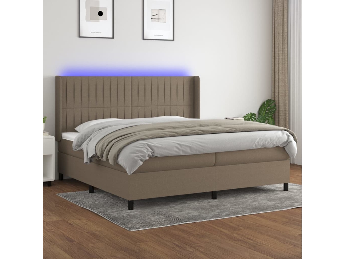 Cama Box Spring Colchón Y Luces Led Tela Gris Taupe 200x200 Cm