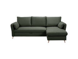 Sofá esquinero reversible convertible con baúl de 3 o 4 plazas en tela verde caqui y madera clara Driss Miliboo