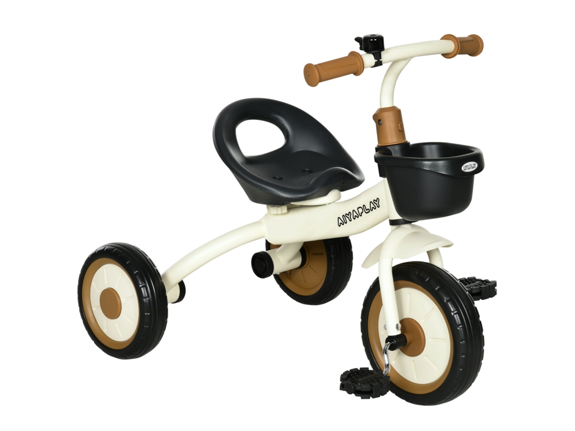 Triciclo infantil de 2 a 5 años con asiento ajustable, cesta, timbre y pedales, color crema.