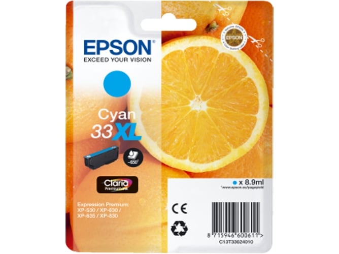 Cartucho de tinta original EPSON, 33, Naranjas 8,9 ml , Cian, Alta, XL, C13T33624022, T3362