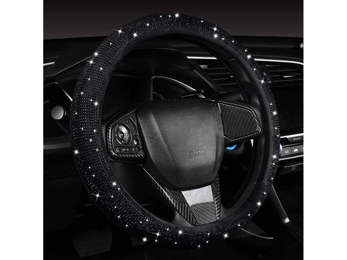 2026altiro-funda De Volante De Terciopelo Negro Con Diamantes Brillantes, 38 Cm, Diseño Brillante Para Coche.