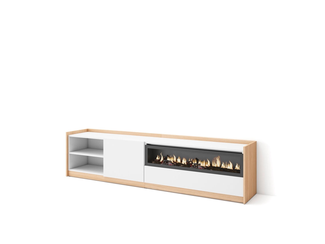 Mueble para TV, 207x37x50cm, para televisores de hasta 80'', chimenea eléctrica, blanco y roble claro.