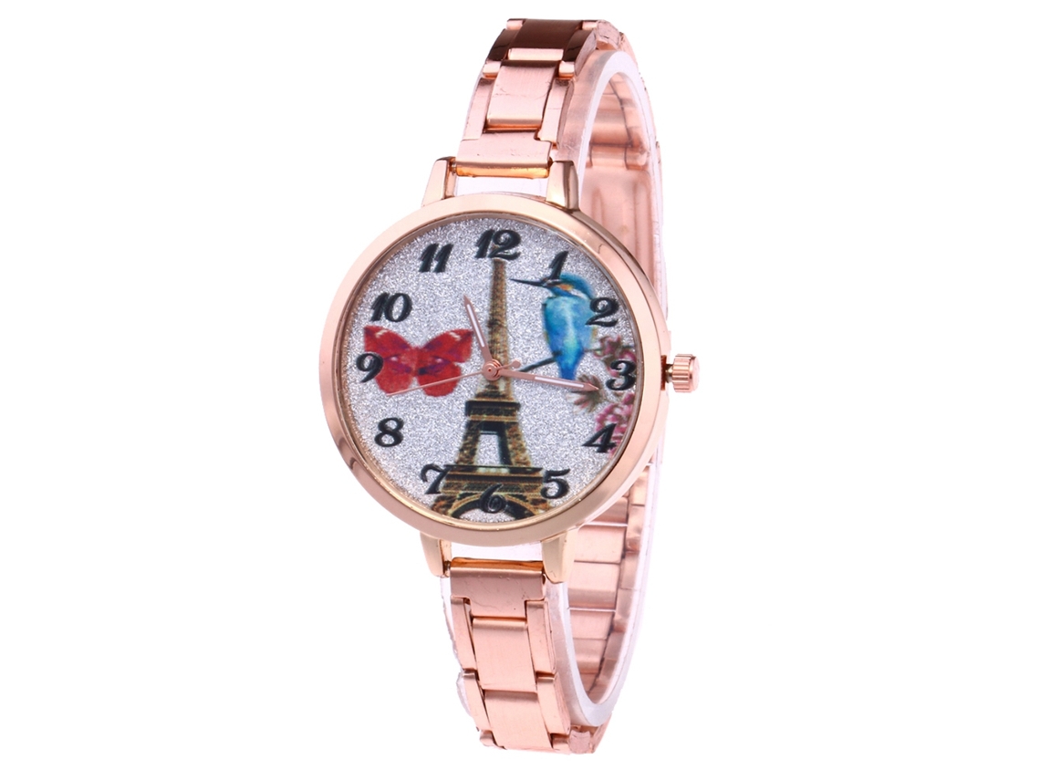 Reloj De Pulsera Unisex De Acero Con Dial Redondo Patrón Torre Cuarzo Oro Rosa Zhoulianfa