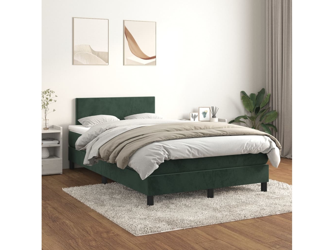 Cama Box Spring Con Colchón Terciopelo Verde Oscuro 120x200 Cm