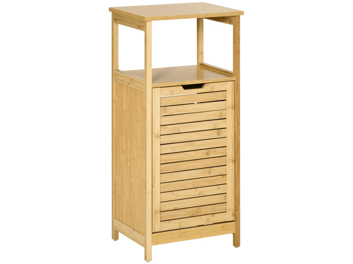 Cesta de lavandería de bambú natural Kleankin, 40x30x86,5 cm, armario de baño, 2 estantes, cesta de tela extraíble.