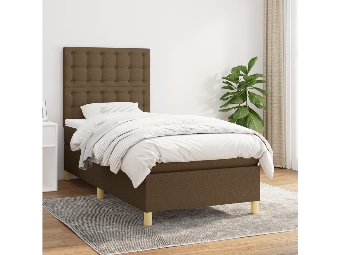 Cama Box Spring Con Colchón Tela Marrón Oscuro 80x200 Cm