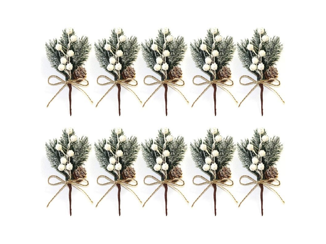 2026altiro-10 Pequeños Ramos Navideños De Bayas Blancas (15 Cm) Con Piñas, Acebo Y Corona De Flores Navideñas Artificiales.