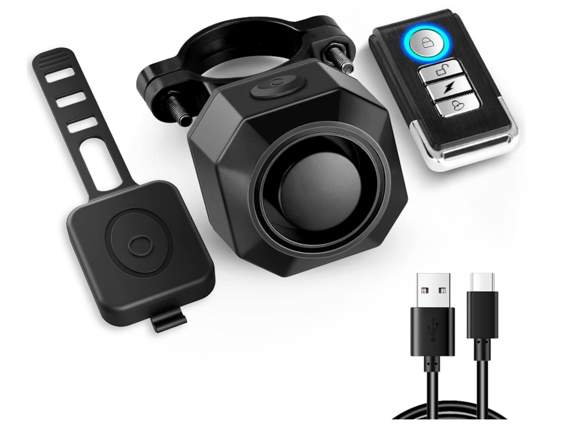 Alarma de bocina de bicicleta eléctrica recargable con control remoto, bocina de bicicleta fuerte de 110 dB (negro)