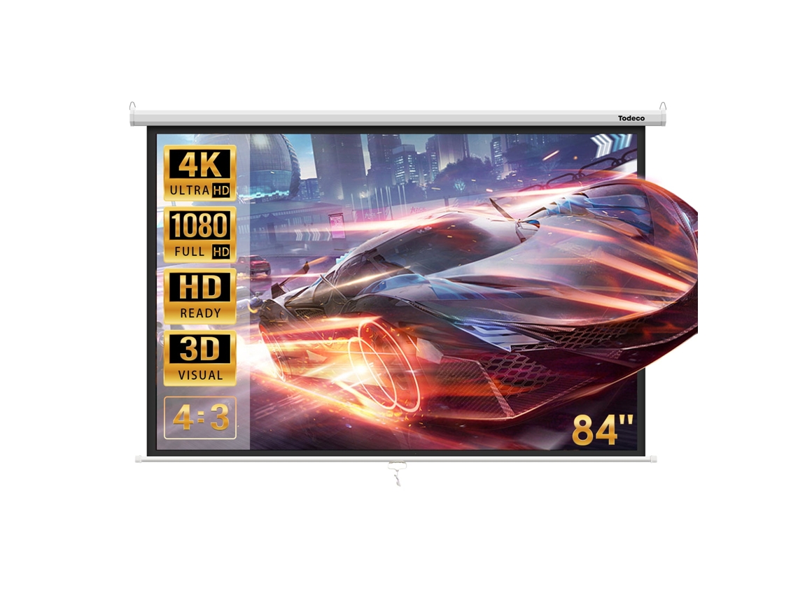 Pantalla de proyección Todeco de 84 pulgadas, pantalla de proyección plegable manual, enrollable, montaje en techo y pared, 128 x 170 cm, 43 formatos, HD 4K 3D