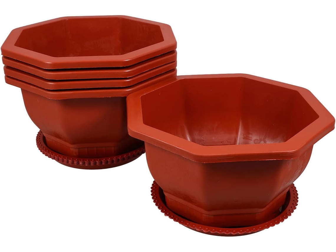 Juego De 5 Macetas Octogonales Gruesas De Color Rojo Con Platillos, Para